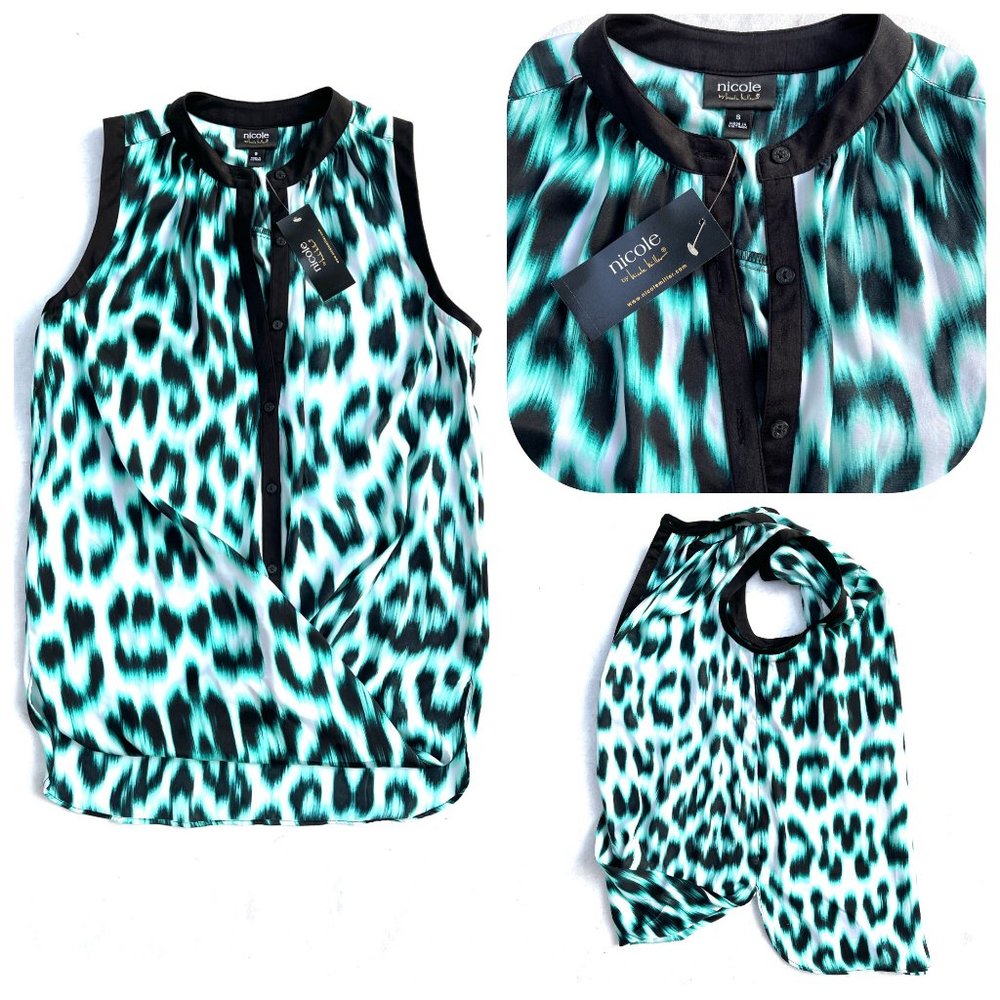 NWT Nicole Miller Faux Wrap seeing spots Top